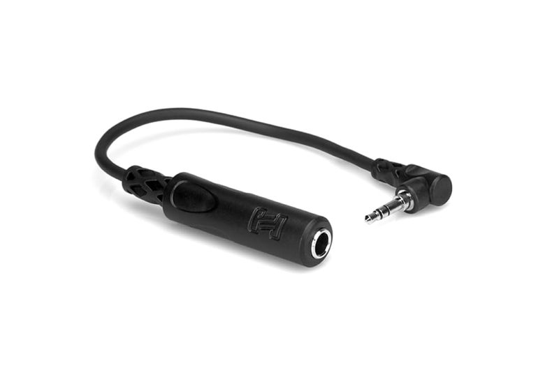 Hosa MHE-100.5 Headphone Adaptor, 1/4 Inch TRS to Right-angle 3.5 mm, 6 Inches - Image 1